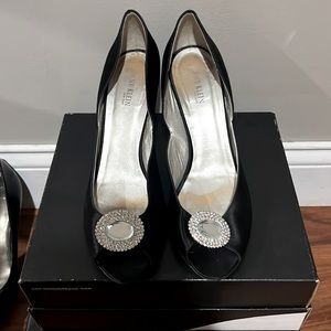 Black open toe anne Klein heels with crystal embellishment
